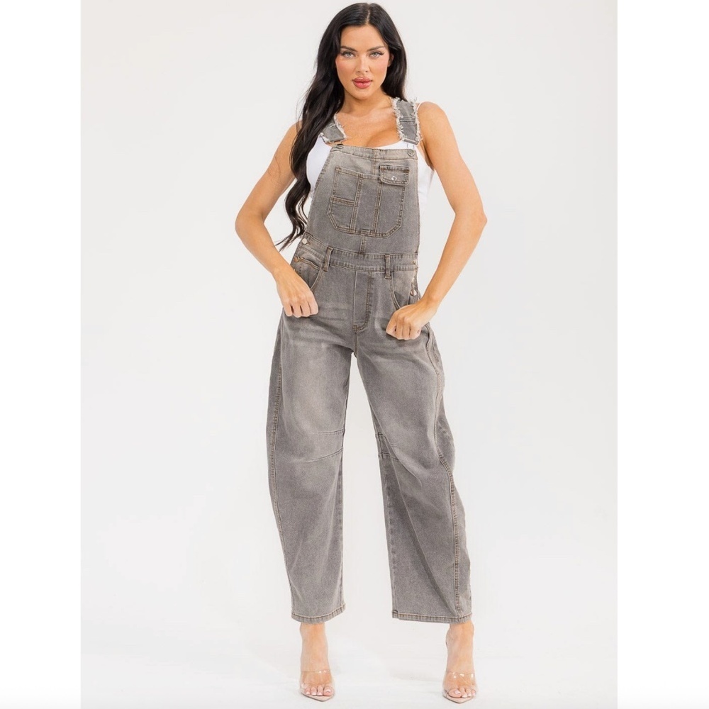 Charcoal Washed Stretch Denim Wide Leg Overalls with Pockets